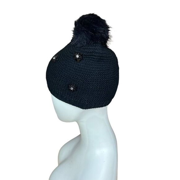 Neiman Marcus Hat Pom Pom Beanie Black Floral Embellished Bling Women One Size - Picture 3 of 11